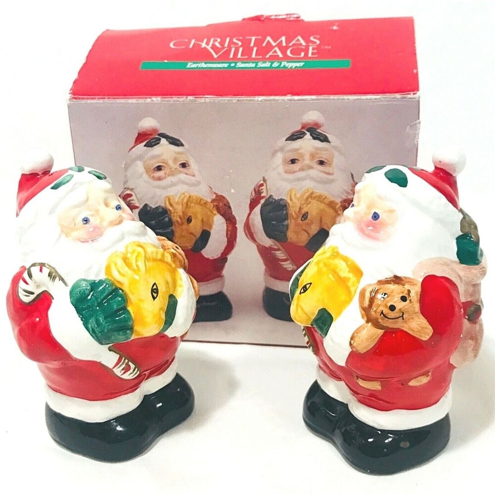 Vintage Santa Salt Pepper Shakers Christmas Village Pottery Earthenware Dog +Box